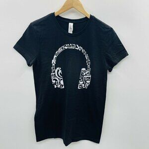 LA Pop Art Womens Size Large Short Sleeve Music Headphones Graphic Tee Black 123